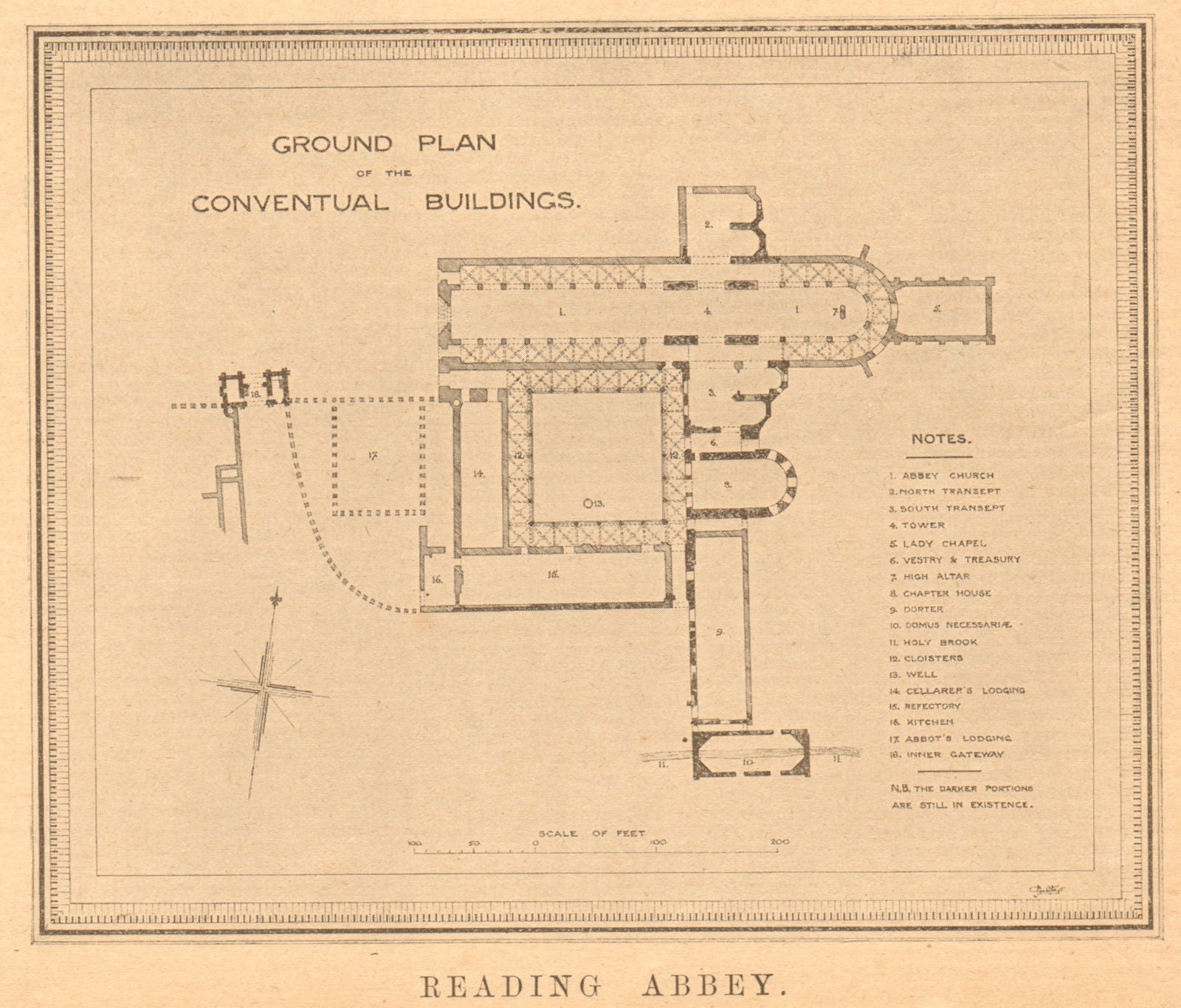 Reading Abbey. Ground plan of the Conventual building 1901 old antique print